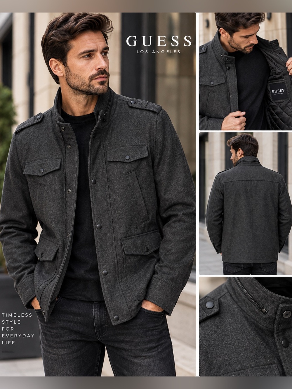 Guess Men's Wool Dark Gray Military Field Jacket Sz Large like new